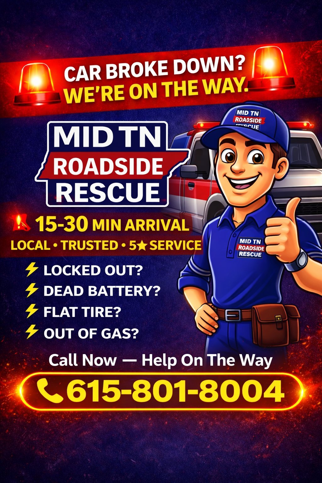 Mid TN Roadside Rescue service advertisement with cartoon mechanic, offering 15-30 minute arrival for car emergencies
