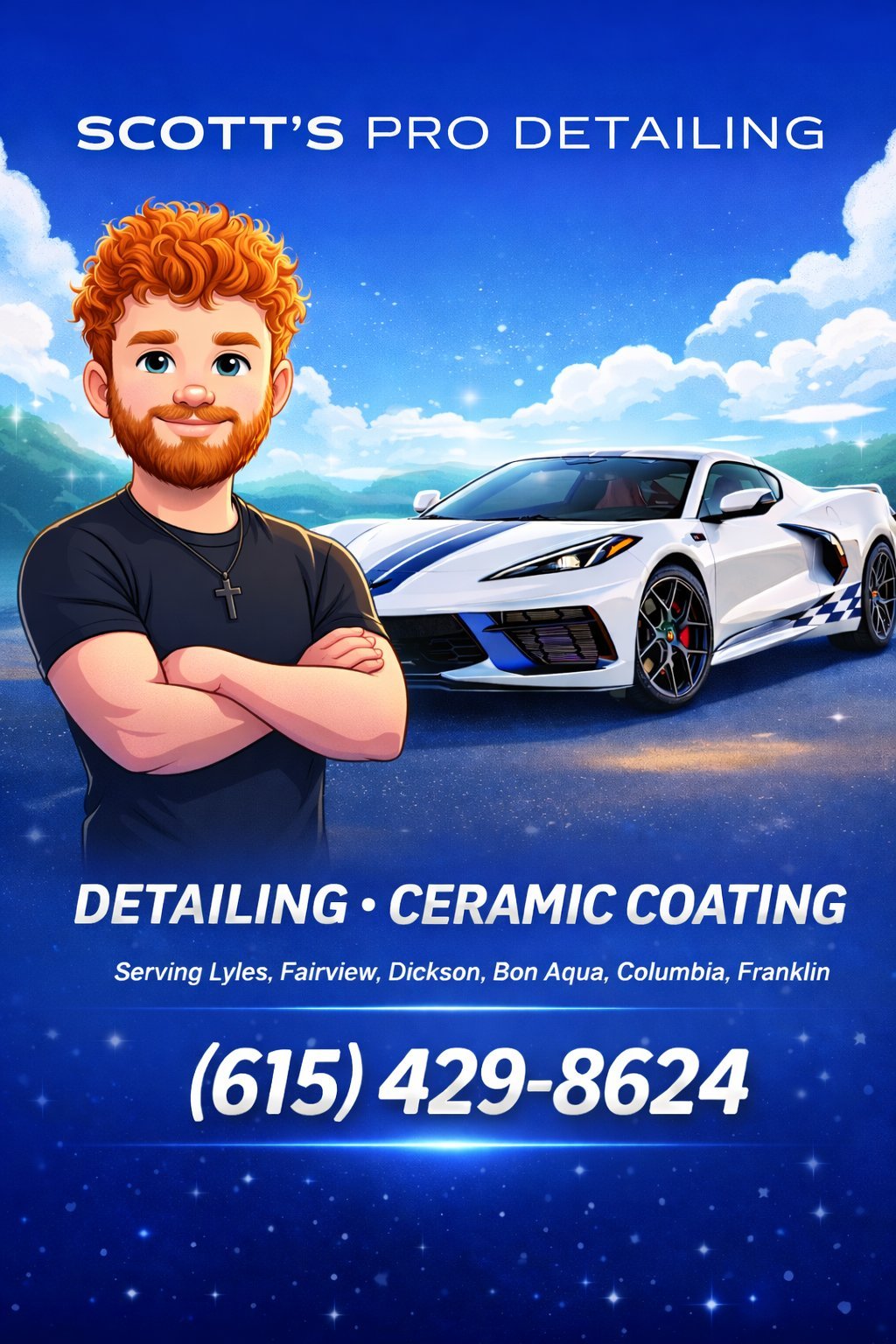 Scotts Pro Detailing promotional flyer featuring animated man with red hair, white sports car, detailing and ceramic coating services