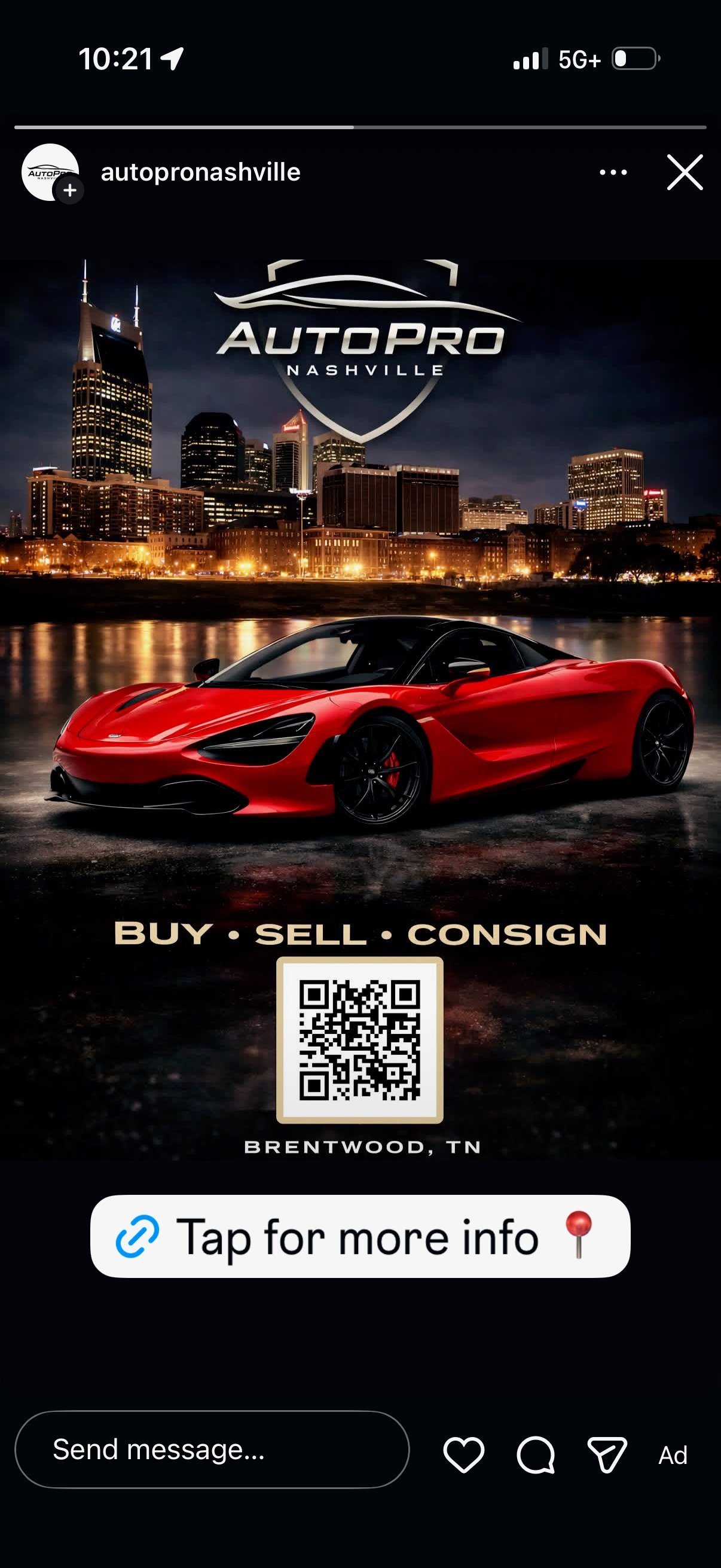 Red sports car with AutoPro Nashville logo and Nashville skyline at night, advertising buy, sell, consign services