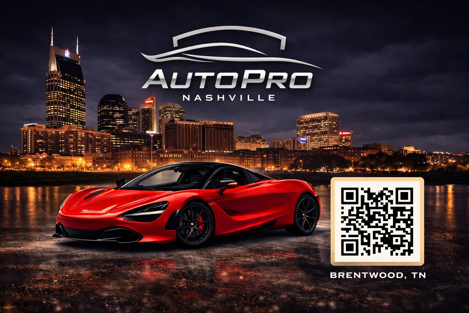 Red sports car with AutoPro Nashville logo, nighttime Nashville skyline background